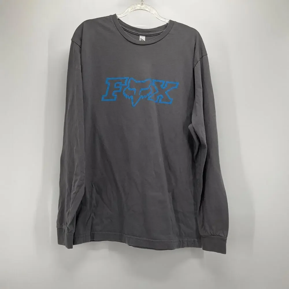Fox Racing Long Sleeve Tee Size M Charcoal Grey Blue Fox Head Logo Mens Graphic - Picture 1 of 9
